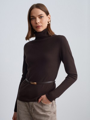 Dilvin 10861 Kaşmir Karışımlı Kemerli Kazak-Koyu Kahve