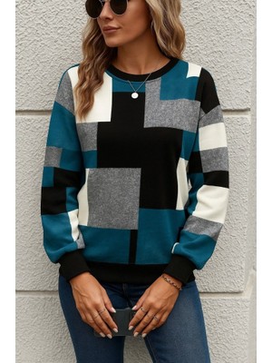 Moda Loris Kadın Uzun Kollu Bisiklet Yaka Renkli Blok Baskı Dalgıç Bluz