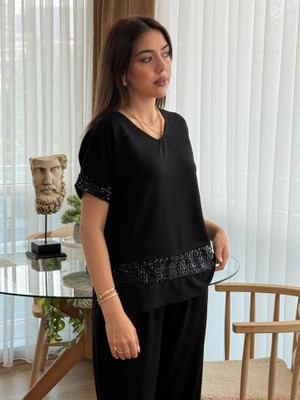 Moda Loris Kadın Kısa Kollu V Yakalı Pul Payetli Viskon Iki Iplik Bluz ve Pantolon Ikili Takım