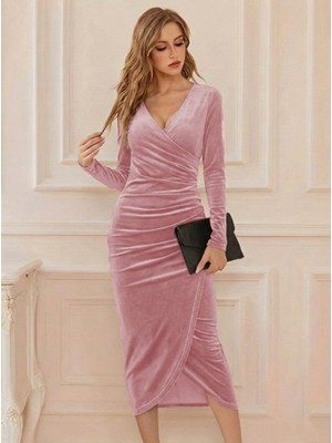Moda Loris Kadın Uzun Kollu Kruvaze Yaka Belden Büzgü Detay Midi Kadife Elbise