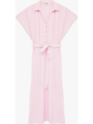 Koton Viskon Kemerli Kolsuz Düğmeli Midi Gömlek Elbise