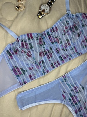 Rozenin Lingerie Mavi Çiçekli Korseli Simli Tül Büstiyer Sütyen Takımı