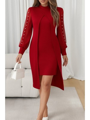 Moda Loris Kadın Uzun Kollu Yarı Balıkçı Yaka Tül ve Inci Detaylı Kısa Ithal Krep Midi Elbise