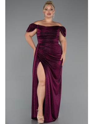 Abiyefon Kayık Yaka Uzun Simli Büyük Beden Abiye ABU2658