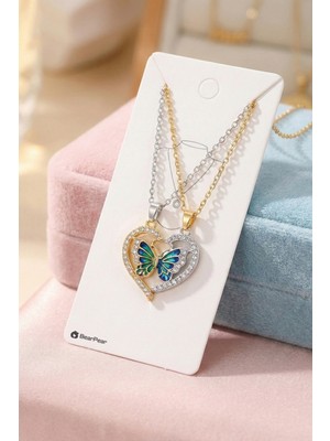 Bear & Pear Mıknatıslı 2'li Kolye Kelebekli Kalp Şeklinde Paslanmaz Çelik Kolye