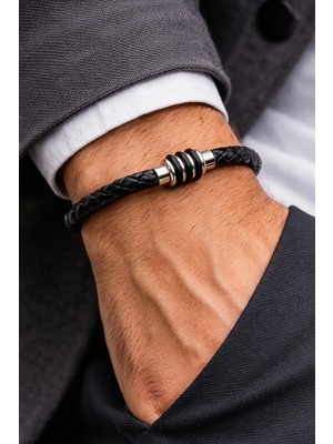 Herşey Nota Terra Core – Siyah Örgü Deri & Çelik Halkalı Erkek Bileklik-90-05