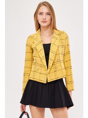 Armonika Kadın Hardal-Siyah Kruvaze Yaka Tüvit Crop Ceket ARM-24K001014