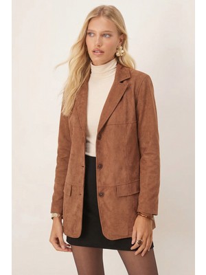 Armonika Kadın Taba Yakalı Cep Kapaklı Düğmeli Vatkalı Premium Süet Oversize Ceket ARM-25K001057