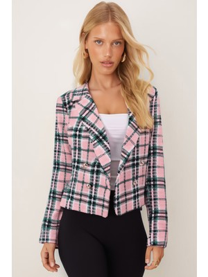 Armonika Kadın Pembe-Yeşil Kruvaze Yaka Tüvit Crop Ceket ARM-24K001014