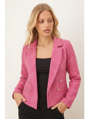 Armonika Kadın Fuşya-Bej Kruvaze Yaka Tüvit Crop Ceket ARM-24K001014