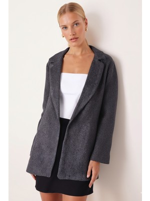 Armonika Kadın Antrasit Erkek Yaka Yanları Yırtmaçlı Oversize Ceket ARM-26K001009