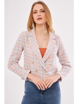 Armonika Kadın Bebemavi-Turuncu Kruvaze Yaka Tüvit Crop Ceket ARM-24K001014