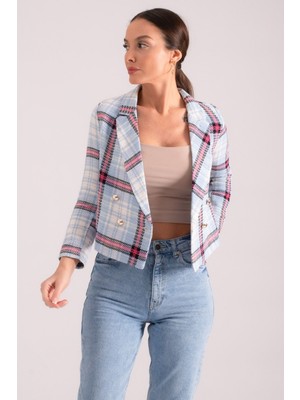Armonika Kadın Mavi-Fuşya Kruvaze Yaka Tüvit Crop Ceket ARM-24K001014