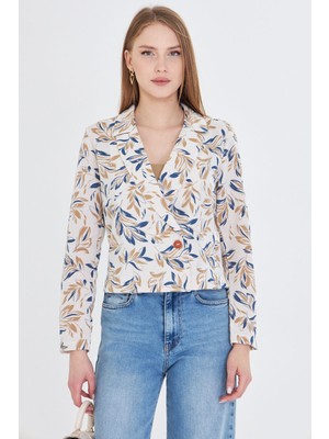 Armonika Kadın Açık Vizon Kruvaze Yaka Desenli Crop Ceket ARM-24Y001058
