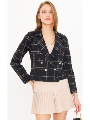 Armonika Kadın Siyah-Bej Kruvaze Yaka Tüvit Crop Ceket ARM-24K001014