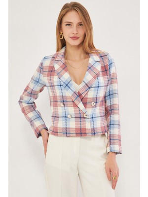 Armonika Kadın Bebemavi-Pembe Kruvaze Yaka Tüvit Crop Ceket ARM-24K001014