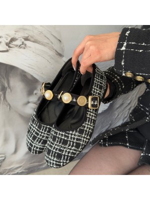 SEPET365 Hante Siyah Beyaz Keten Taşlı Babet Ayakkabı