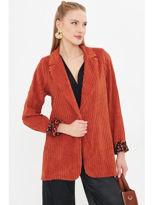 Armonika Kadın Kiremit Kol Içi Desenli Tek Düğmeli Kadife Ceket ARM-24K001056