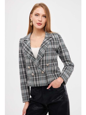 Armonika Kadın Turkuaz-Beyaz Kruvaze Yaka Tüvit Crop Ceket ARM-24K001014