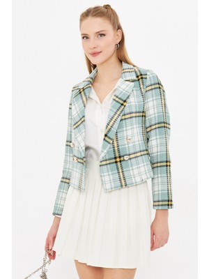 Armonika Kadın Yeşil-Sarı Kruvaze Yaka Tüvit Crop Ceket ARM-24K001014