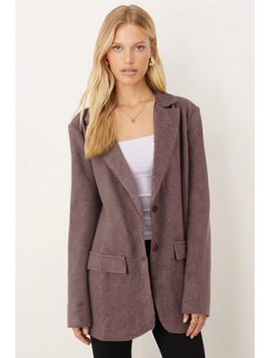 Armonika Kadın Vizon Erkek Yaka Cep Kapaklı Vatkalı Oversize Kaşe Ceket ARM-26K001044