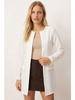 Armonika Kadın Beyaz Beli Dikişli Uzun Ceket ARM-26K001017