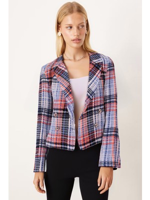 Armonika Kadın Turuncu-Siyah Kruvaze Yaka Tüvit Crop Ceket ARM-24K001014