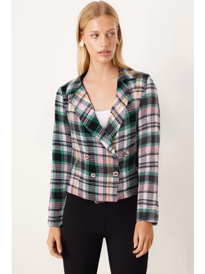 Armonika Kadın Yeşil-Siyah Kruvaze Yaka Tüvit Crop Ceket ARM-24K001014