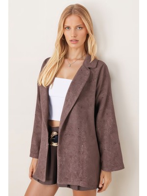 Armonika Kadın Vizon Erkek Yaka Yanları Yırtmaçlı Oversize Ceket ARM-26K001009