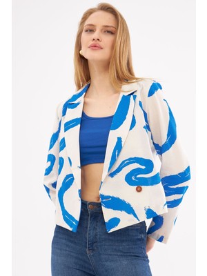 Armonika Kadın Saks Kruvaze Yaka Desenli Crop Ceket ARM-24Y001058