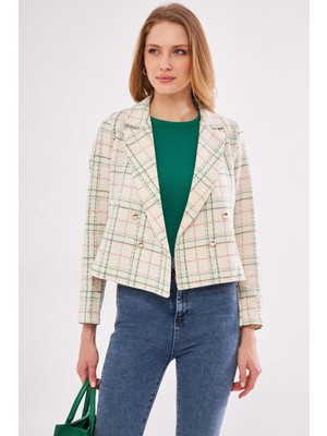 Armonika Kadın Yeşil Kruvaze Yaka Tüvit Crop Ceket Günlük Kullanıma Uygun Rahat ve Şık Tasarım