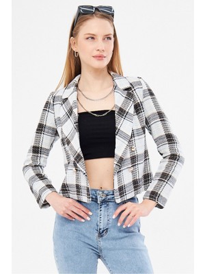 Armonika Kadın Açık Mavi Kruvaze Yaka Tüvit Crop Ceket ARM-24K001014