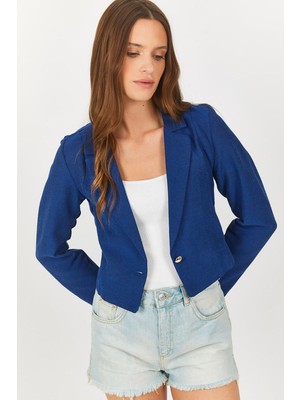 Armonika Kadın Saks Tek Düğmeli Crop Ceket ARM-23Y001064