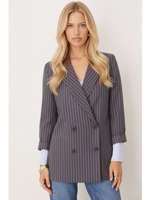 Armonika Kadın Gri Oversize Duble Kol Kruvaze Yaka Astarlı Blazer Ceket ARM-26K001052