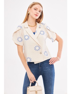 Armonika Kadın Lacivert Keten Görünümlü Desenli Kolu Yırtmaçlı Crop Kısa Kol Ceket ARM-24Y001095