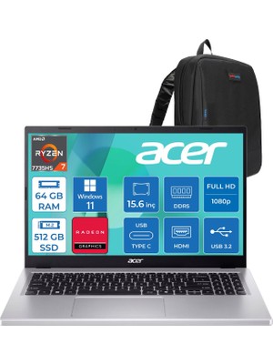 Acer Aspire Go AG15-41 Amd Ryzen 7 7735HS 64GB 512GB SSD Windows 11 Pro Amd Radeon Graphics 15.6'' Fullhd (1920X1080) Taşınabilir Bilgisayar NXJ7FEY002P21 + Zetta Çanta