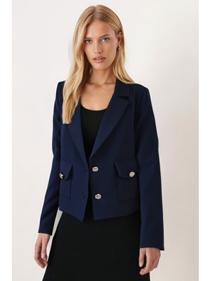 Armonika Kadın Lacivert Erkek Yaka Kare Cepli Astarlı Crop Ceket ARM-26K001026