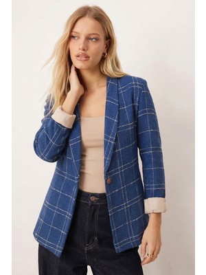 Armonika Kadın Saks-Bej Şal Yaka Kolları Garnili Tek Düğme Ceket ARM-26K001087