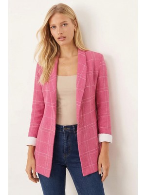 Armonika Kadın Fuşya-Beyaz Şal Yaka Kolları Garnili Tek Düğme Ceket ARM-26K001087