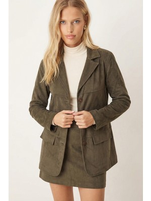 Armonika Kadın Haki Yakalı Cep Kapaklı Düğmeli Vatkalı Premium Süet Oversize Ceket ARM-25K001057