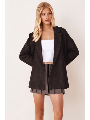 Armonika Kadın Koyu Kahve Erkek Yaka Yanları Yırtmaçlı Oversize Ceket ARM-26K001009