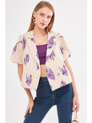 Armonika Kadın Mor Keten Görünümlü Desenli Kolu Yırtmaçlı Crop Kısa Kol Ceket ARM-24Y001095