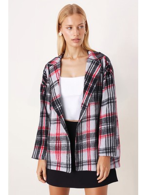 Armonika Kadın Siyah-Kırmızı Erkek Yaka Yanları Yırtmaçlı Oversize Ceket ARM-26K001009