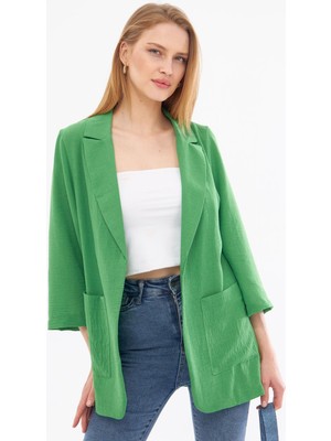 Armonika Kadın Yeşil Keten Görünümlü Cepli Oversize Ceket ARM-24Y001065