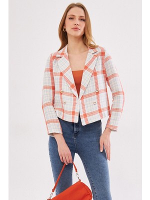 Armonika Kadın Turuncu-Mavi Kruvaze Yaka Tüvit Crop Ceket ARM-24K001014