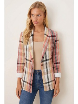 Armonika Kadın Bej Şal Yaka Kolları Garnili Tek Düğme Ceket ARM-26K001087