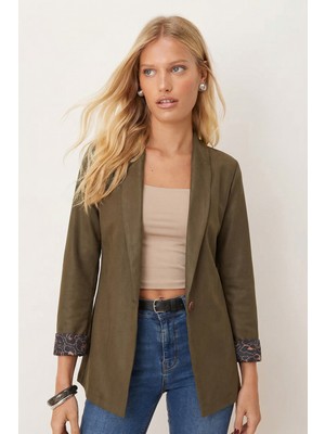 Armonika Kadın Haki Kol Içi Leopar Desenli Tek Düğmeli Ceket ARM-26K001088