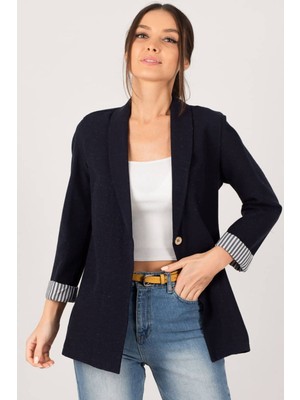 Armonika Kadın Koyu Lacivert Kol Içi Çizgili Tek Düğmeli Ceket ARM-22K001122