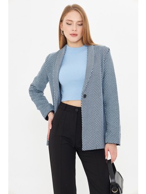 Armonika Kadın Bebe Mavi Balık Sırtı Desen Kolu Katlamalı Tek Düğmeli Kaşe Ceket ARM-24K001066