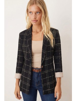 Armonika Kadın Siyah-Bej Şal Yaka Kolları Garnili Tek Düğme Ceket ARM-26K001087